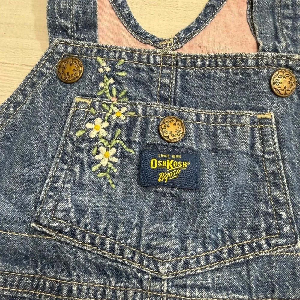 OshKosh B'Gosh girls denim pink lined overalls floral embroidery size‎ 12 months